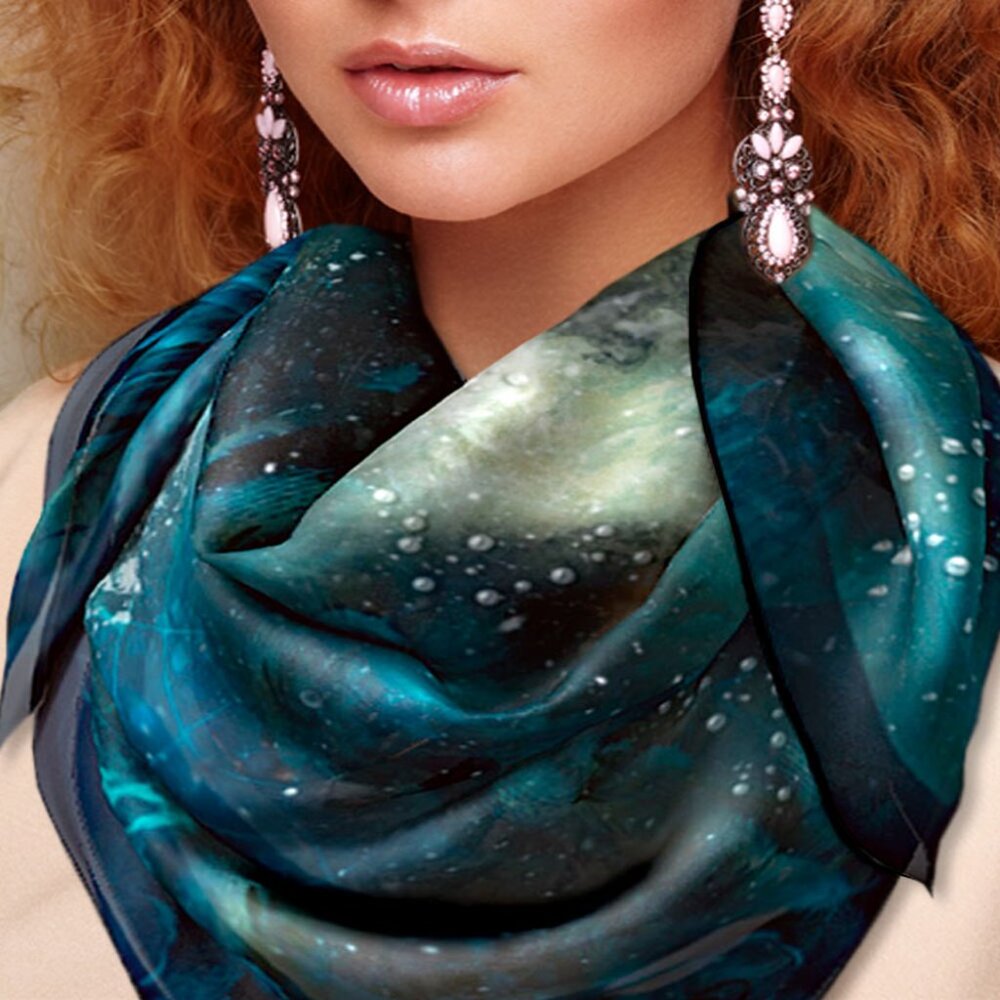 Aquarian Dreamer's Blue Square Pure Silk Scarf Artisanal Wrap
